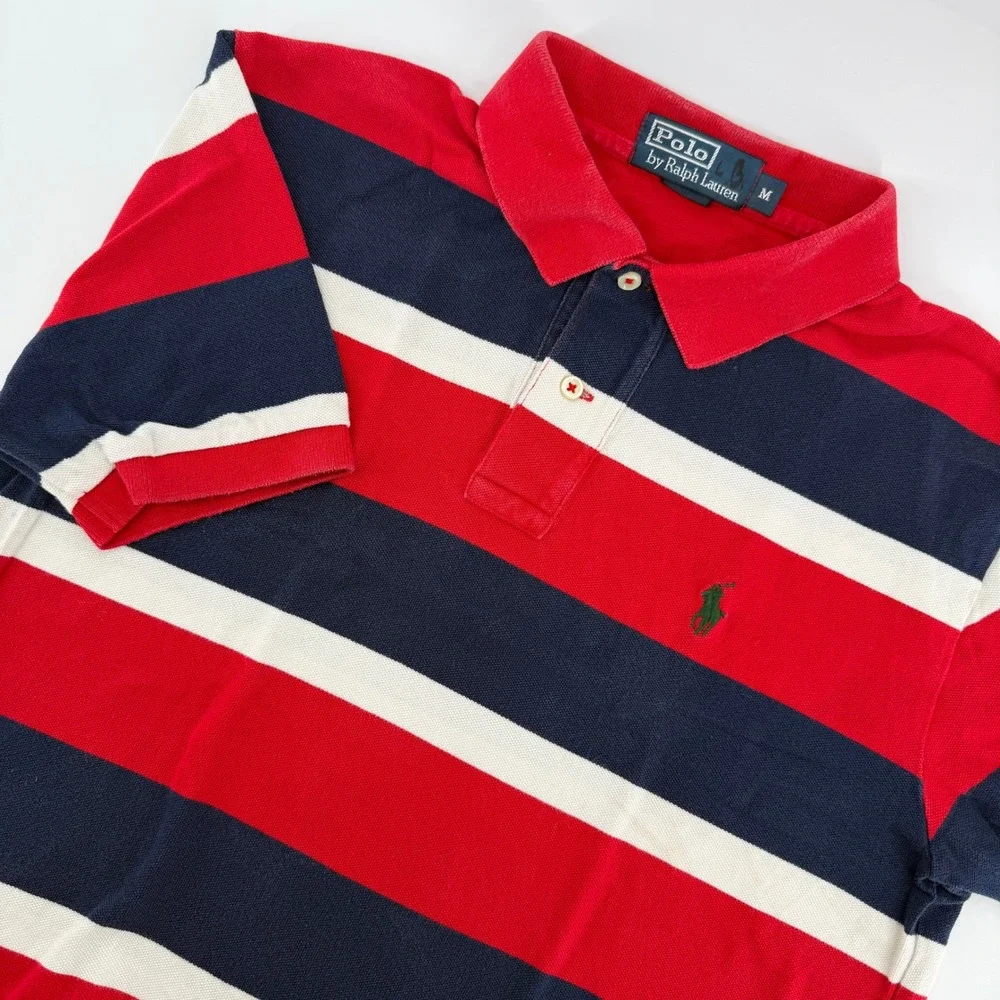 Polo Ralph Lauren Polo Shirt Mens M Red Navy Blue Striped Short Sleeve Pique